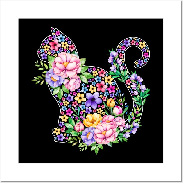 Cat Watercolor Floral Wall Art by LotusTee